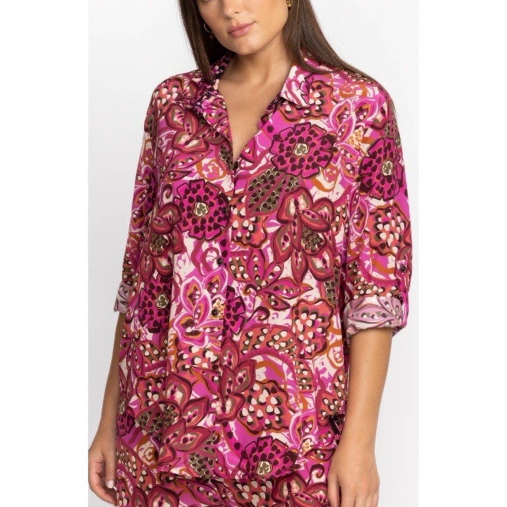 Johnny Was Dreamers Vivanna Silk Blouse M Floral Button Front Boho Shirt Top - Picture 2 of 10